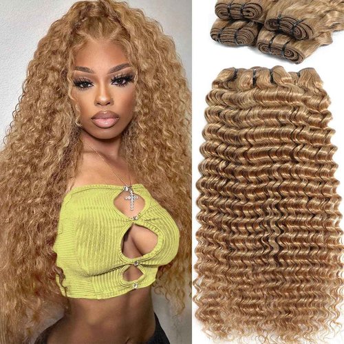 Troskamar Blonde Deep Wave Human Hair Bundles 12A #27 Colored Deep Curly Human Hair 3 Bundles 18 20 22 Inch Honey Blonde Wet and Wavy Bundle for Black Women