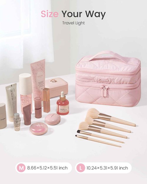 LOVEVOOK Travel Makeup Bag,Large Open Flat Tolietry Bag for Women,Waterproof Portable Cosmetic Pouch,Double Layer Quilted Makeup Bag Organizer With Handle,Travel Essentials,Gift for Her