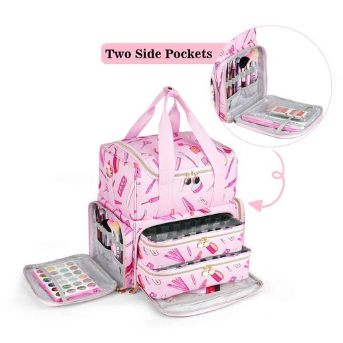Extra Large Nail Polish Organizer Case Holds 80 Bottles and a Nail Lamp, Nail Organizers and Storage with 2 Removable Pouches, Travel Nail Supplies Carrying Bag for Nail Art Tech & Manicure Tools,Pink