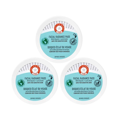 First Aid Beauty - Facial Radiance Pads with Glycolic & Lactic Acids, Daily Exfoliating Pads with AHA, Visibly Smaller Pores, Help Tone & Brighten Skin, One-Step Makeup Prep, Compostable, 28, 3ct