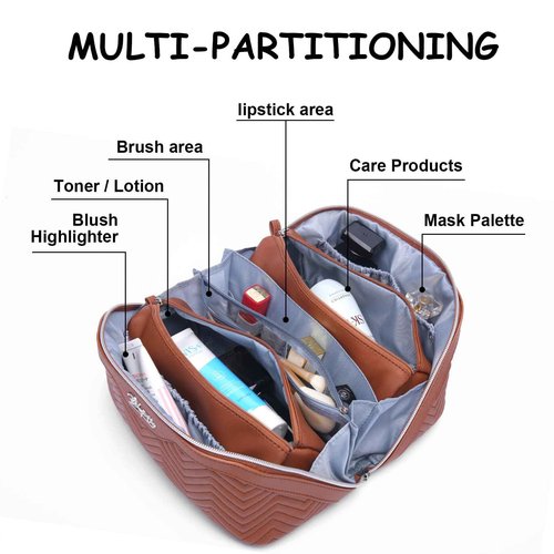 Travel Makeup Bags Cosmetic Organizer Bag: Quilted Make up Bag Set of 3 - PU Leather Toiletry Bags for Women - Portable Makeup Organizer with Compartments & Handle & Divider(14 Brown)