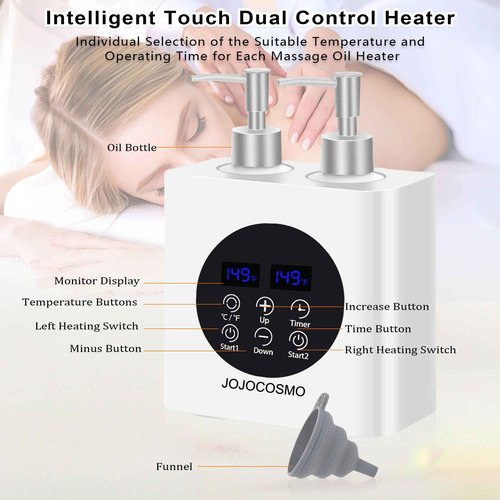 JOJOCOSMO New Dual Control Massage Oil Warmer with Four Body Liquid Bottle Dispensers, Shampoo Heater Form 86 to 149 ℉, Reserve Heating time, for Salon, Home,SPA Essential Oil Lotion Warmer