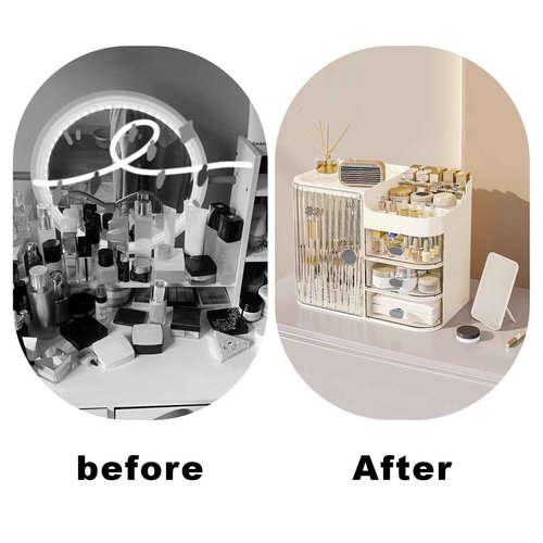 DASITON Makeup Organizer for Vanity,Large Capacity Makeup Storage Organizer with 3-Layer Drawers and Mirror,Cosmetics Display Case Make up Organizers for Vanity,Bedroom,Countertop(Clear-Cream)