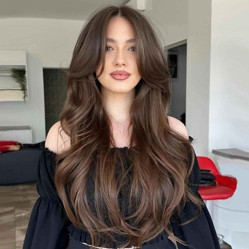 Aisaide Dark Brown Long Wavy Layered Wig with Curtain Bangs for Women Synthetic Brown Layered Wavy Wig Shaggy Blonde Butterfly for Women 24inch.