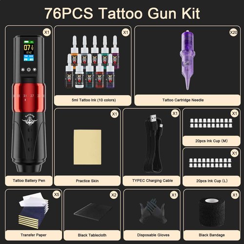 Wireless Tattoo Gun Kit, Rotary Tattoo Gun Machine Kits with Digital LED Display, 1,600mAh Battery, 20Pcs Cartridge Needles, 7 Strokes Length Tattoo Pen Set for Beginners Supplies