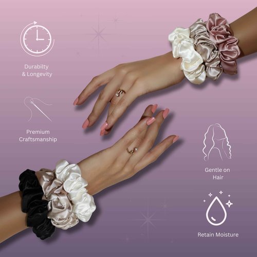 Vénera 100% Pure 22 Momme Mulberry Silk Scrunchies -Frizz&Breakage Prevention-Hair Care Ponytail Holders for Women- Silk Hair Ties (Black, Caramel, Pink)
