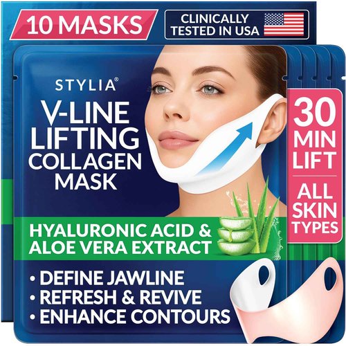 STYLIA V Line Lifting Collagen Face Mask - Lift, Firm & Contour Jawline - Double Chin Strap with Hyaluronic Acid & Aloe Vera - Hydrating Neck & Face Tightening Mask - Chin Strap for Sleeping (10PC)