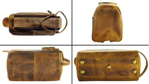 RUSTIC TOWN Leather Toiletry Bag for Men - Hygiene Organizer Travel Ditty Kit (Antique Brown)