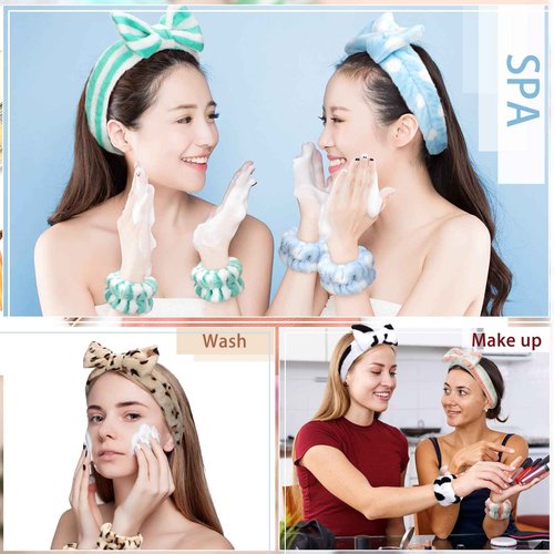 Janmini 36 Pcs Face Wash Spa Headband Set Women Winter Gift Facial Makeup and 12 Pcs Flannel Hairbands 24 Pcs Wristbands for Girls(Dot Stripe Leopard)