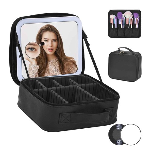 Travel Makeup Bag With LED Mirror,Cosmetic Train Case with 3 Color Setting,Cosmetic Makeup Organizer Bag with Adjustable Dividers,Portable Make up Box with Make up Brushes Holder Storage（Black）