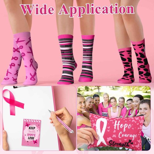 Dansydaisy 32 Pcs Breast Cancer Awareness Gifts Set Makeup Bags Bulk Pink Ribbon Socks Holiday to Do List Notepad Ballpoint Pens Keychain Breast Cancer Awareness Party Gifts