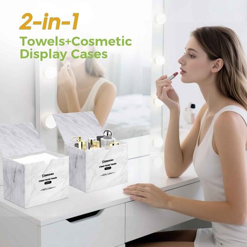 Classycoo Disposable Face Towel Holder, 50 PCS XL Clean Towels Included, Marble Acrylic Container Box for Clean Skin Club, Cotton Facial Wipes Odor-Free for Sensitive-Skin,Bathroom Cosmetic Storage