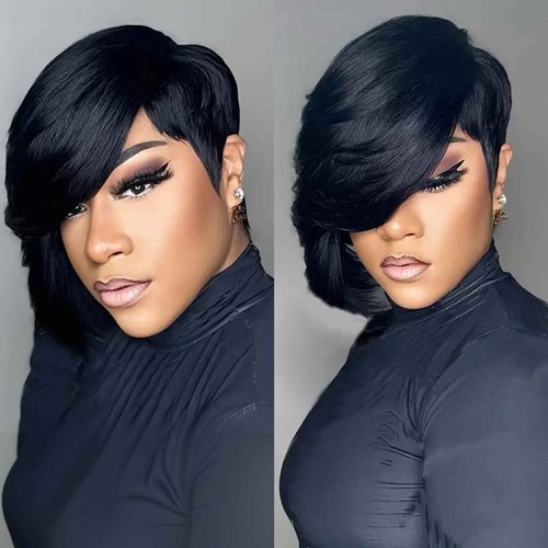 SisBroSis Chic Elegent Pixie Cut Human Hair Wigs for Women Short Layered Pixie Cut Straight Human Hair Wigs With Bangs Natural Black Color Glueless Brazilian Virgin Straight Human Hair Wig (1b)