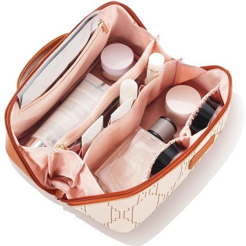 Brown PU Leather Travel Makeup Bag with Dividers,Handle, and Wipe-clean Brush Compartment, Waterproof Large Checkered Travel Cosmetic Bag, Portable Open Flat Toiletry Bag for Women,Brown