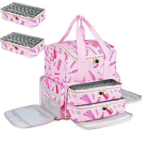 Extra Large Nail Polish Organizer Case Holds 80 Bottles and a Nail Lamp, Nail Organizers and Storage with 2 Removable Pouches, Travel Nail Supplies Carrying Bag for Nail Art Tech & Manicure Tools,Pink