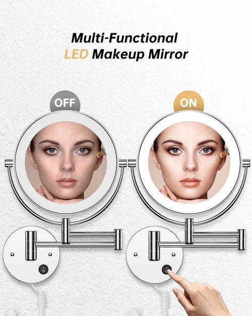 Gospire 8.5" Wall Mounted Lighted Magnifying Mirror, 1X/10X Double-Sided Magnification Round LED Cosmetic Vanity Bathroom Mirror Extendable Arm 360° Swivel for Shaving Makeup