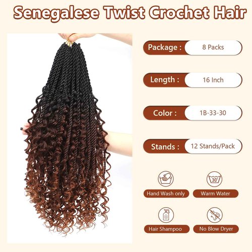 Senegalese Twist Crochet Hair with Curly Ends - 16 Inch Boho Island Twist Crochet Hair 8 Packs Boho Goddess Twist Crochet Hair Pre Looped Crochet Twists with Curly Ends(16(8Packs), 1B/33/30)