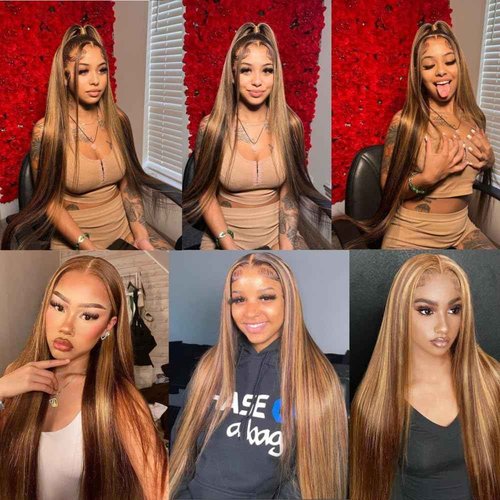 20 inch 13x6 Ombre Highlight Lace Front Wig Human Hair 4/27 Colored Straight Human Hair Wigs HD Transparent Lace Frontal Wigs Pre Plucked with Baby Hair 180% Density