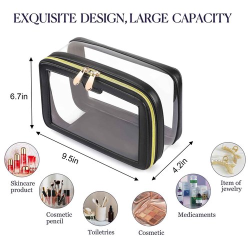 YAASHEEN Clear Makeup Bag Organizer, 2-Piece Makeup Organizer Set (Large & Small) for Home, Office, Travel or Car Use, Holds Cosmetics, Skincare, Stationery, Tech Accessories (Black)