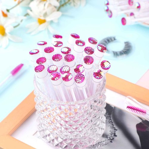 Dming 50 Piece Disposable Mascara Brushes Eyelash Extension Brush Diamond Mascara Wands with Tube Spoolies Lash Brush Makeup Tool Lash Extension Supplies (Scale D Pink 50)