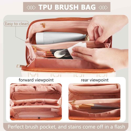 Brown PU Leather Travel Makeup Bag with Dividers,Handle, and Wipe-clean Brush Compartment, Waterproof Large Checkered Travel Cosmetic Bag, Portable Open Flat Toiletry Bag for Women,Brown