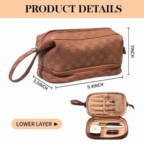 Abiudeng Large Makeup Bag for Women,Travel Makeup Organizer with Brush Holder, Dopp Kit Essentials,Waterproof Checkered Cosmetic Bag for Traveling,Multi Compartment,Cute,Spacious Capacity-Brown