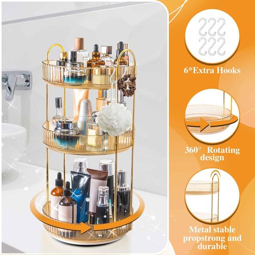 Megapuxin Makeup Organizer for Vanity,360° Rotating Large Skincare Make Up Storage Perfume Organizers Cosmetic Dresser Organizer Countertop Organizer with Extra Hooks DIY Stickers for Bathroom