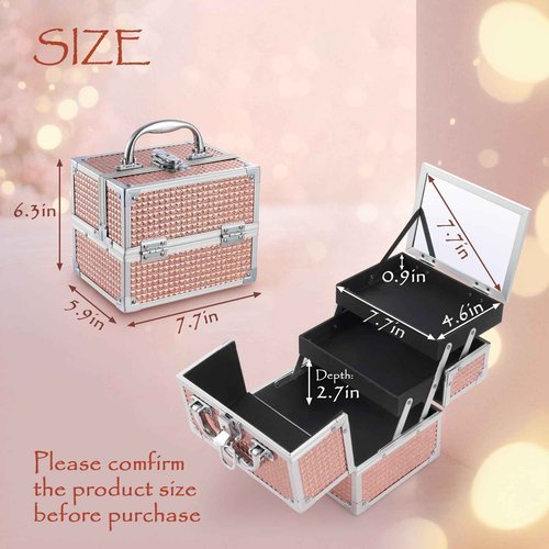 Costravio Makeup Box with Mirror, Makeup Organizer Case Train Case for Girls Women Kids Make up Box Makeup Case Organizer with Lock and Key Storage Vanity for Polishes Cosmetic Jewelry, Shiny Pink