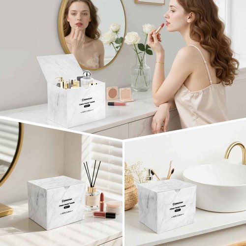 Classycoo Disposable Face Towel Holder, 50 PCS XL Clean Towels Included, Marble Acrylic Container Box for Clean Skin Club, Cotton Facial Wipes Odor-Free for Sensitive-Skin,Bathroom Cosmetic Storage