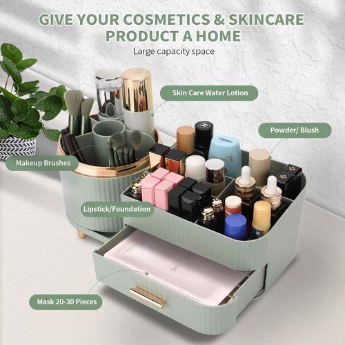 Molutsody Makeup Organizer for Vanity, Cosmetic Display Case with Drawers, Fits Makeup, Skincare Products, Brushes, Lipsticks, and Other Accessories, Versatile Storage Solution (Green)