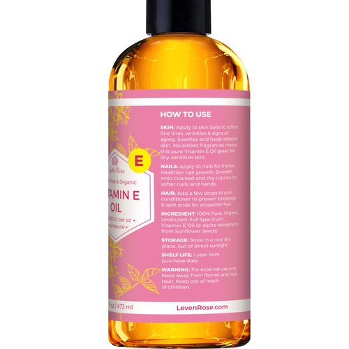 Bulk Vitamin E Oil by Leven Rose 75,000 IU per oz 100% Natural, Organic, Pure Vitamin E Oil for Skin, Face, Hair, and Nails, 16 oz
