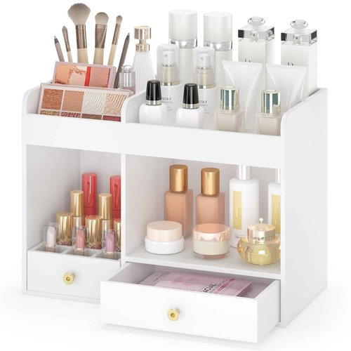 Wisuce Essentials Large Makeup Organizer with Drawers, Bamboo Countertop Cosmetic Storage for Dresser Vanity Organizer Beauty Desk Skincare Holders Container Make Up Organizing for Lipstick