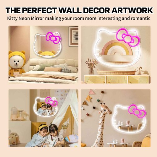 MCJSGSP Anime Hello Kit Cat Neon Sign Mirror L16.1 W14 Vanity Mirror with Lights Bedroom Wall Mirror for Pink Room Decor and a Makeup Mirror with Lights Teen Girl Gifts
