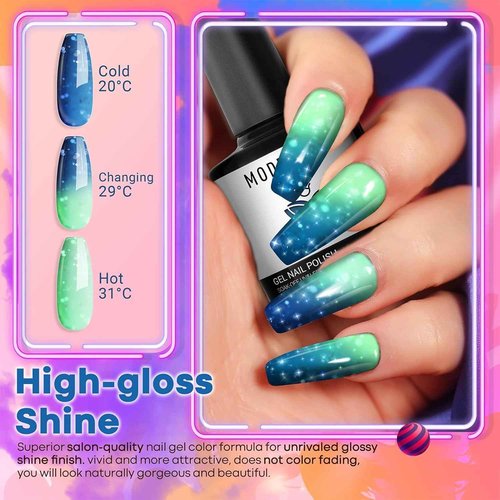 modelones Color Changing Gel Nail Polish Set 6 Colors, Sheer Pink Glitter Temperature Mood Changing Blue Green Orange Gel Polish Soak Off Nail Art Design Kit Manicure Salon DIY Gift