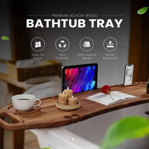 Lush & Style Premium Bathtub Tray Large & Thick 35” x 10``, Acacia Wood Luxury, Waterproof, Non-Toxic, Adjustable Legs, No Tools Required,Caddy Tray, Luxury Bath Accessories