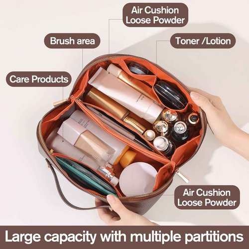 Cuteseason Makeup Bag, Travel Toiletry Bag for Women, Large Capacity Waterproof PU Leather Cosmetic Bags Make Up Organizer Bags with Headband and Wristband Set (Brown, Lychee Pattern)
