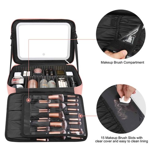 Relavel Makeup Bag with LED Mirror, 16.2 inches Large Makeup Case Travel Portable Cosmetic Organizer Vanity Case for Women, Rechargeable Lighted Mirror Professional Makeup Artists Storage Box (Pink)