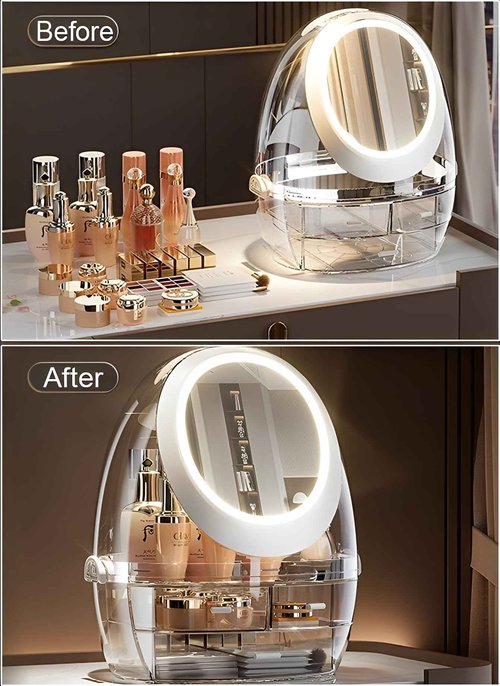 Sooyee Clear Makeup Organizer,Bathroom Counter Organizer, Modern Jewelry and Cosmetic Display Cases with Led Lighted Mirror,Make Up Organizer Stands for Bathroom, Dresser, Vanity Countertop