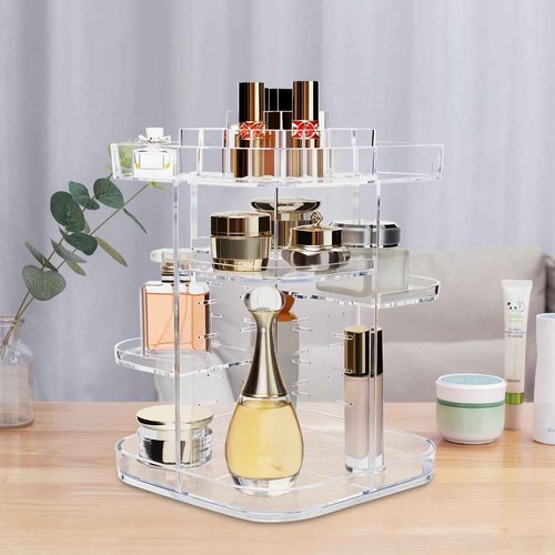 AMEITECH 360-Degree Makeup Organizer, DIY Adjustable Rotating Cosmetic Storage Carousel Spinning Holder Storage Rack with 5 Layers Large Capacity, Best for Countertop, Square