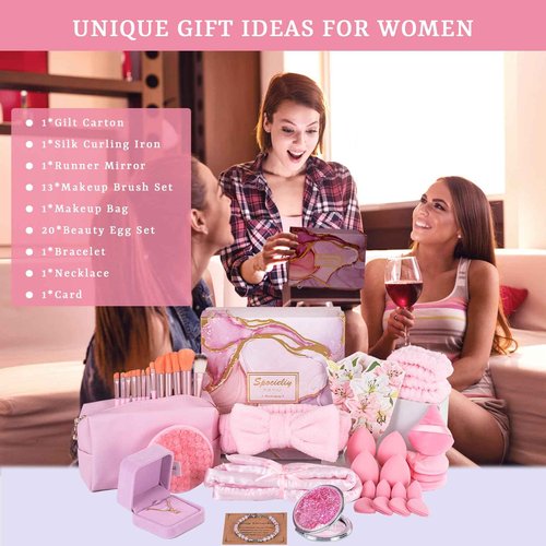 Unique Birthday Gifts for Tween Teen Girls - 40 PCS Trendy Stuff Gifts Set for Teen Girls, Makeup Brushes Makeup Bag Birthday Gift Ideas Gift Set for Her Mom Sister Wife Best Friend(Pink)
