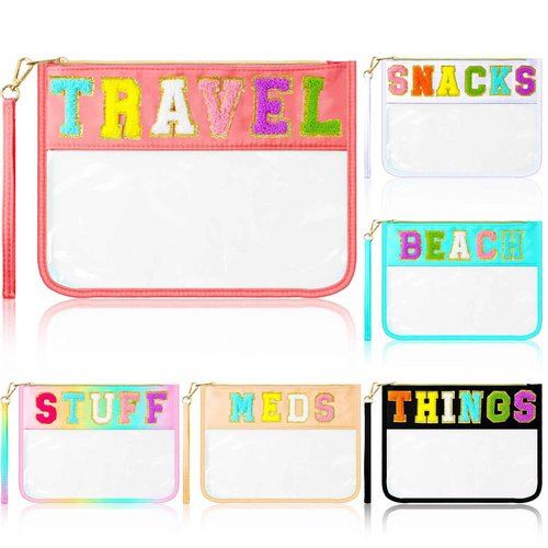 Abbylike 6 Pcs Chenille Letter Clear Zipper Pouch Summer Waterproof Cosmetic Pouch Travel Gym Beach Hawaii Bag Travel Patch Purse Makeup Letter Bag for Women Girls, 6 Colors(Charming Colors,Stylish)