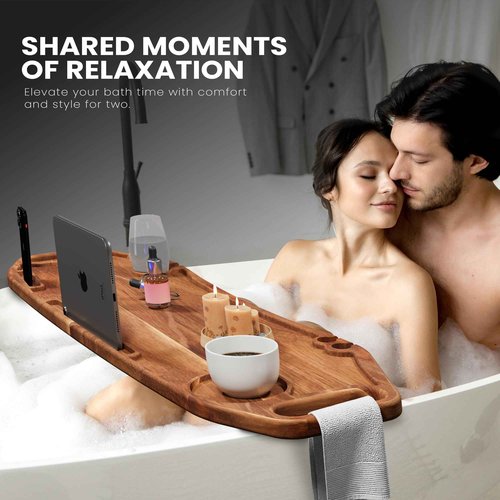 Lush & Style Premium Bathtub Tray Large & Thick 35” x 10``, Acacia Wood Luxury, Waterproof, Non-Toxic, Adjustable Legs, No Tools Required,Caddy Tray, Luxury Bath Accessories