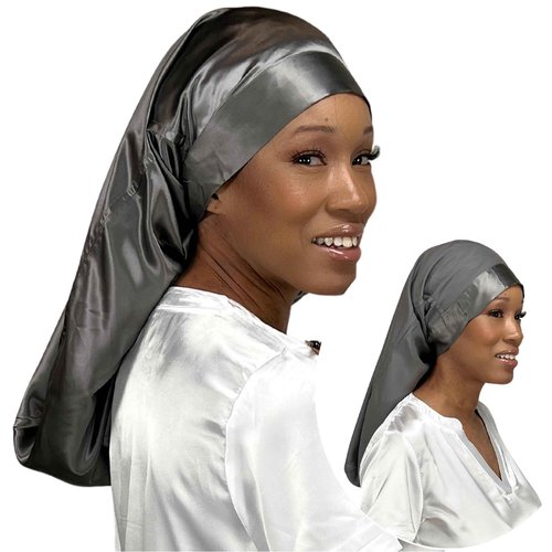 Reversible 100% Real Silk Long Hair Reversible Sleep Bonnet - Wide Band, Adjustable Tie, 22 Momme Mulberry Silk - Gunmetal