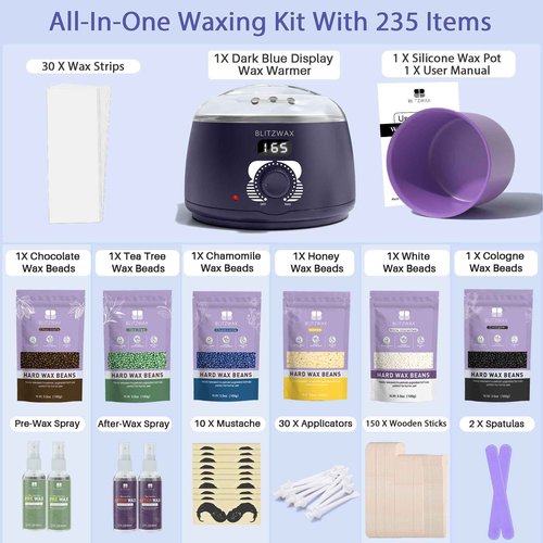 BLITZWAX Brazilian and Bikini Waxing Kit for Men With 120 Wooden Waxing Sticks and 30 Wax Papers, Hard Wax Warmer for Face, Legs, and Body, At Home Hair Removal Kit, Beginner Friendly