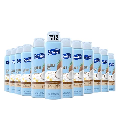 Suave Spray Deodorant Woman, Coconut Kiss deodorant women spray, Antiperspirant, 48-Hour Odor & Wetness Protection, 3.8 Oz (Pack 12)