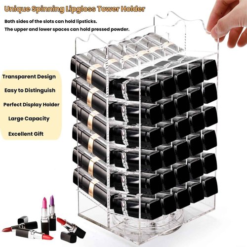 Tlence 64 Slots Rotating Lipstick Organizer, Acrylic Spinning Lipgloss Tower Holder, Clear Rotable Lip Gloss Organizer Case, Lip Stick Display Rack Stand, Cosmetic Makeup Accessories for Lip Balm