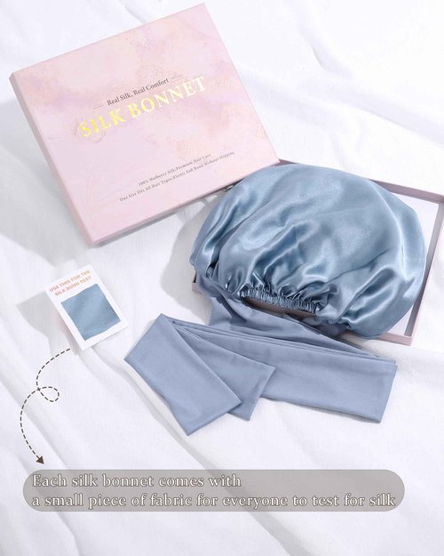 Ufgin 100% Mulberry Silk Bonnet for Sleeping Women Double Layer Silk Hair Bonnet Natural Silk Sleep Cap with Elastic Reversible Hair Wrap (Haze Blue + Sky Blue)