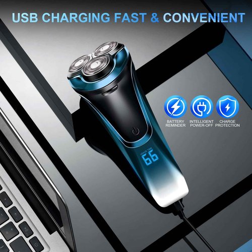 Snapbuy Electric Razor for Men, Waterproof Cordless Shaver with 90-Min Runtime, 4D Floating Head Rotary, Wet & Dry Rechargeable Electrical Shaver LCD Display (Blue)