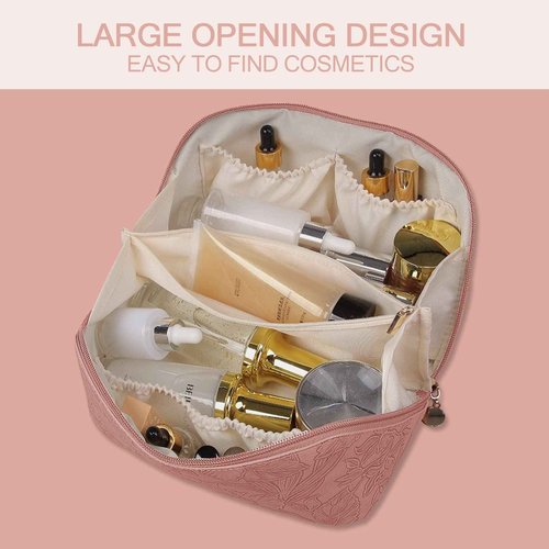GOLDORANGE Floral Travel Cosmetic Bag Large Capacity Makeup Bag with Compartment and Handle Waterproof PU Leather Portable Flower Everything Cosmetic Bag, Pink