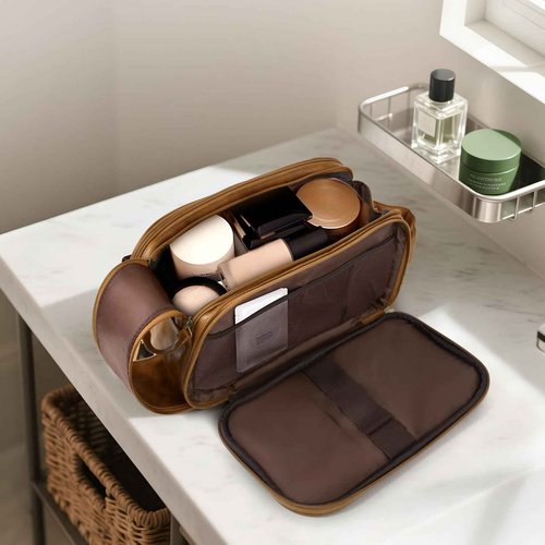 RPBHY Premium Toiletry Bag for Men, Large Leather Dopp Kit Travel Organizer, Water-Resistant Shaving Bag for Business, Brown Gift for Him